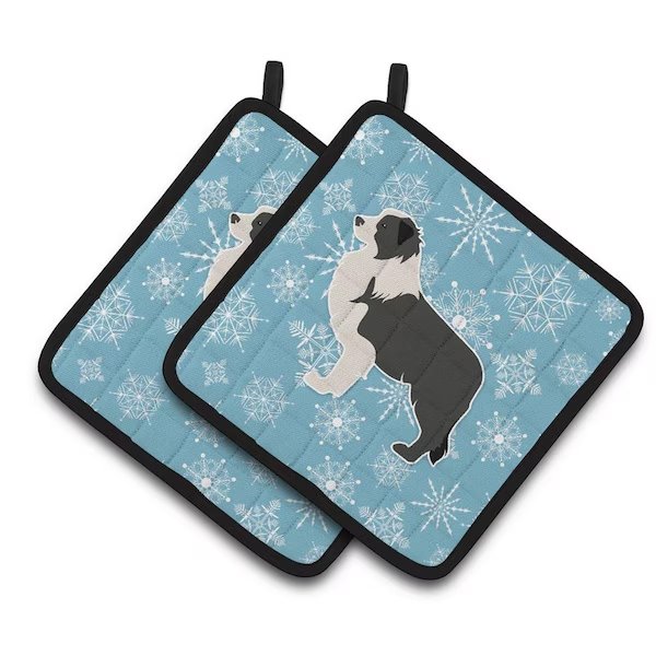 Winter Snowflake Black Border Collie Pair of Pot Holders